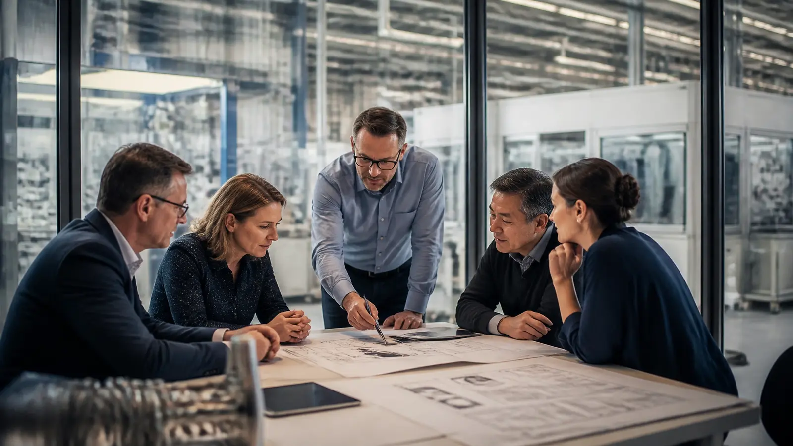 Senior technical leaders collaborating in a modern industrial and pharmaceutical environment
