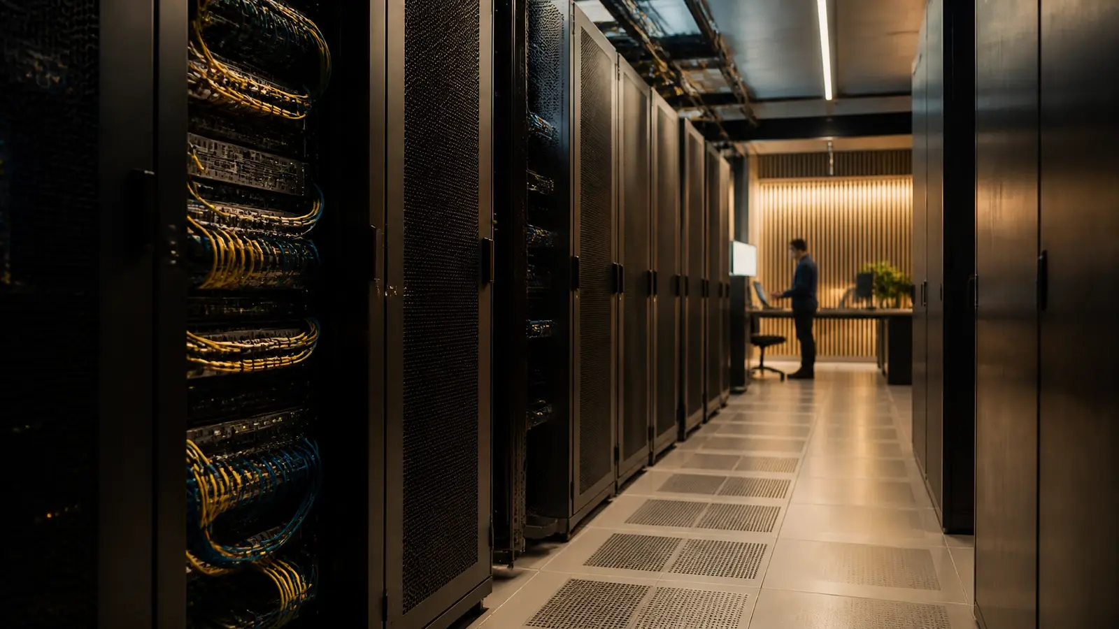 Modern data centre aisle with network infrastructure and a technical operator in the distance